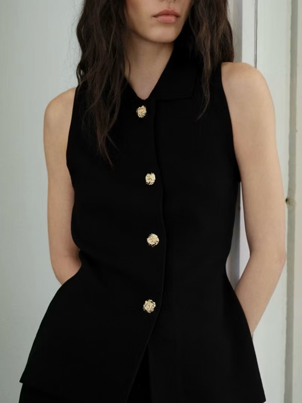 Mango Black Sleeveless Buttoned Top with Gold Buttons